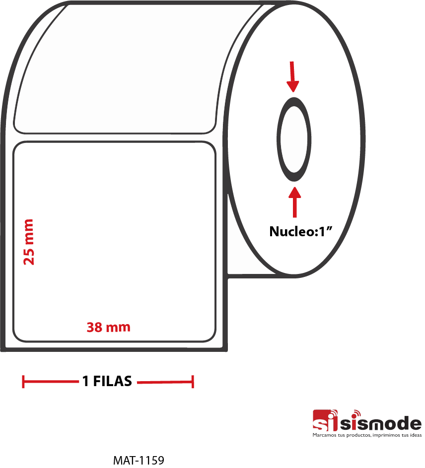 ETIQUETA S/IMPRESIÓN  TERMICO SEMI RECUBIERTO  AVANCE 25 MM ANCHO 38 MM NUCLEO 1” 1 FILA (S)  2643 ETIQ X ROLLO