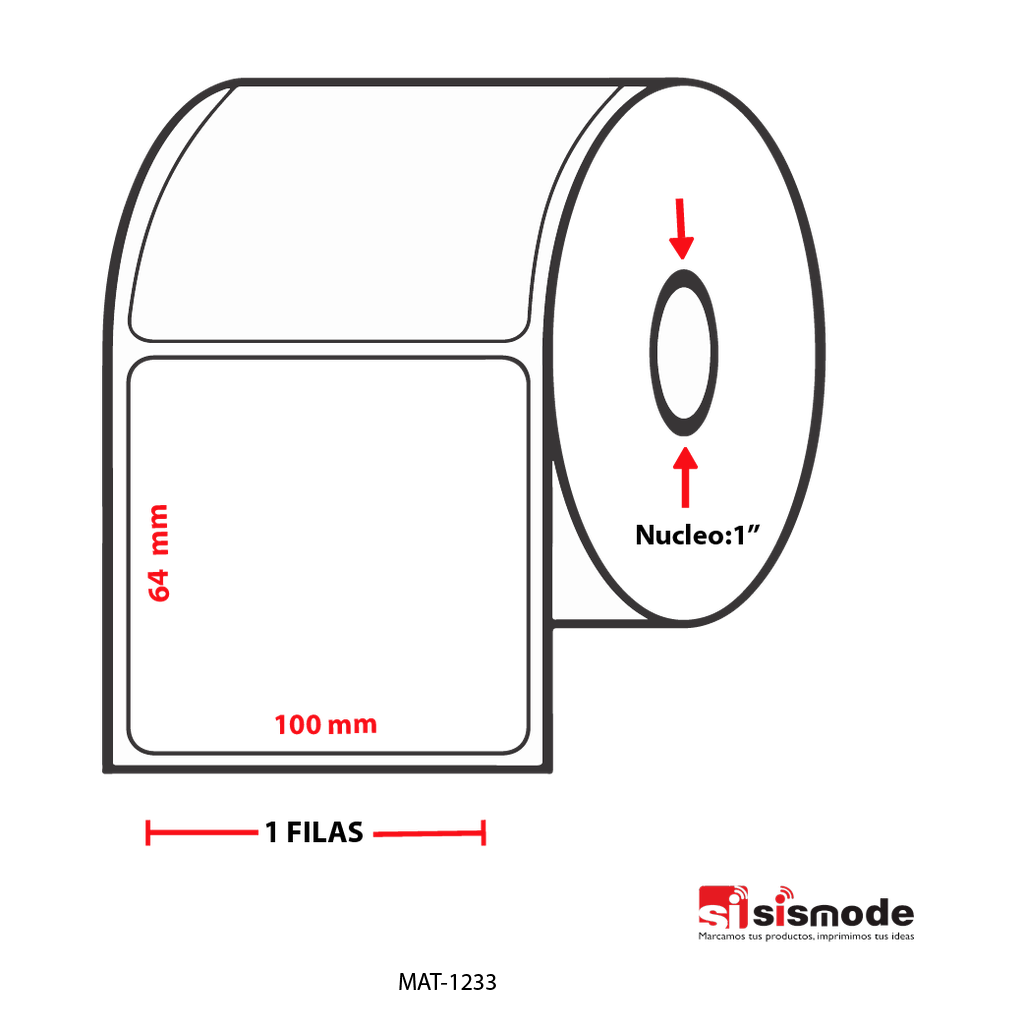 ETIQUETAS PARA IMPRESIÓN  TERMO TRANSFERENCIA  AVANCE 64 MM ANCHO 100 MM NUCLEO 1” 1 FILA (S)1104 ETIQ X ROLLO