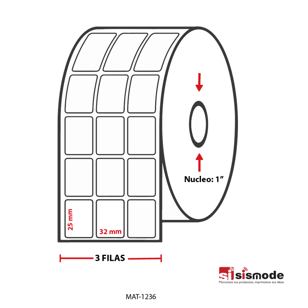 ETIQUETAS PARA IMPRESIÓN  TERMICO SEMI RECUBIERTO AVANCE 25 MM ANCHO 32  MM NUCLEO 1” 3 FILA (S) 7929ETIQ X ROLLO